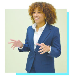 Young woman demonstrating public speaking.